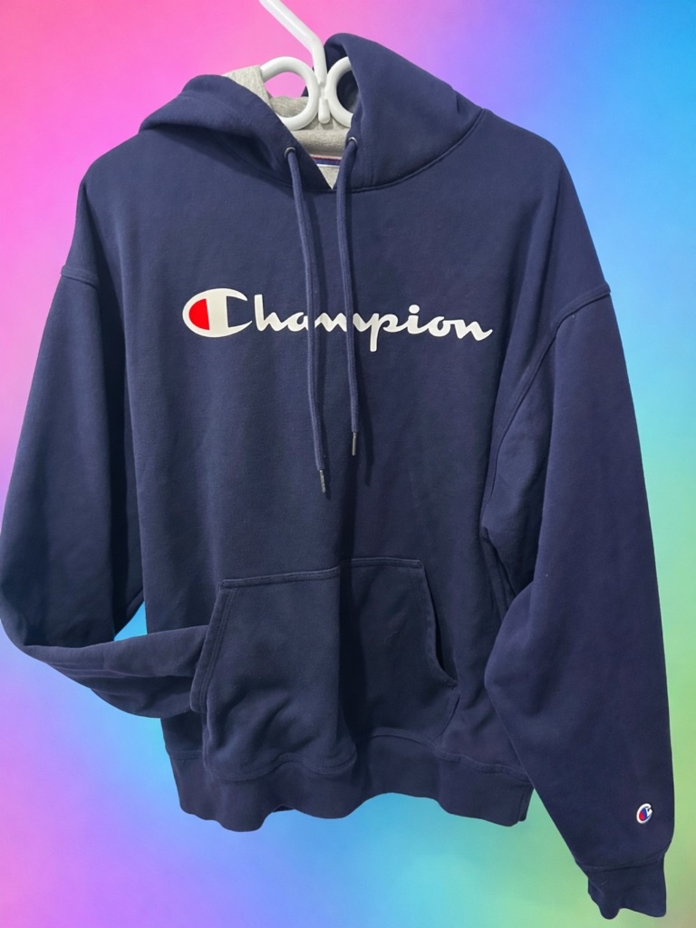 Champion Navy Hooded Sweatshirt with Red & Blue Trim L